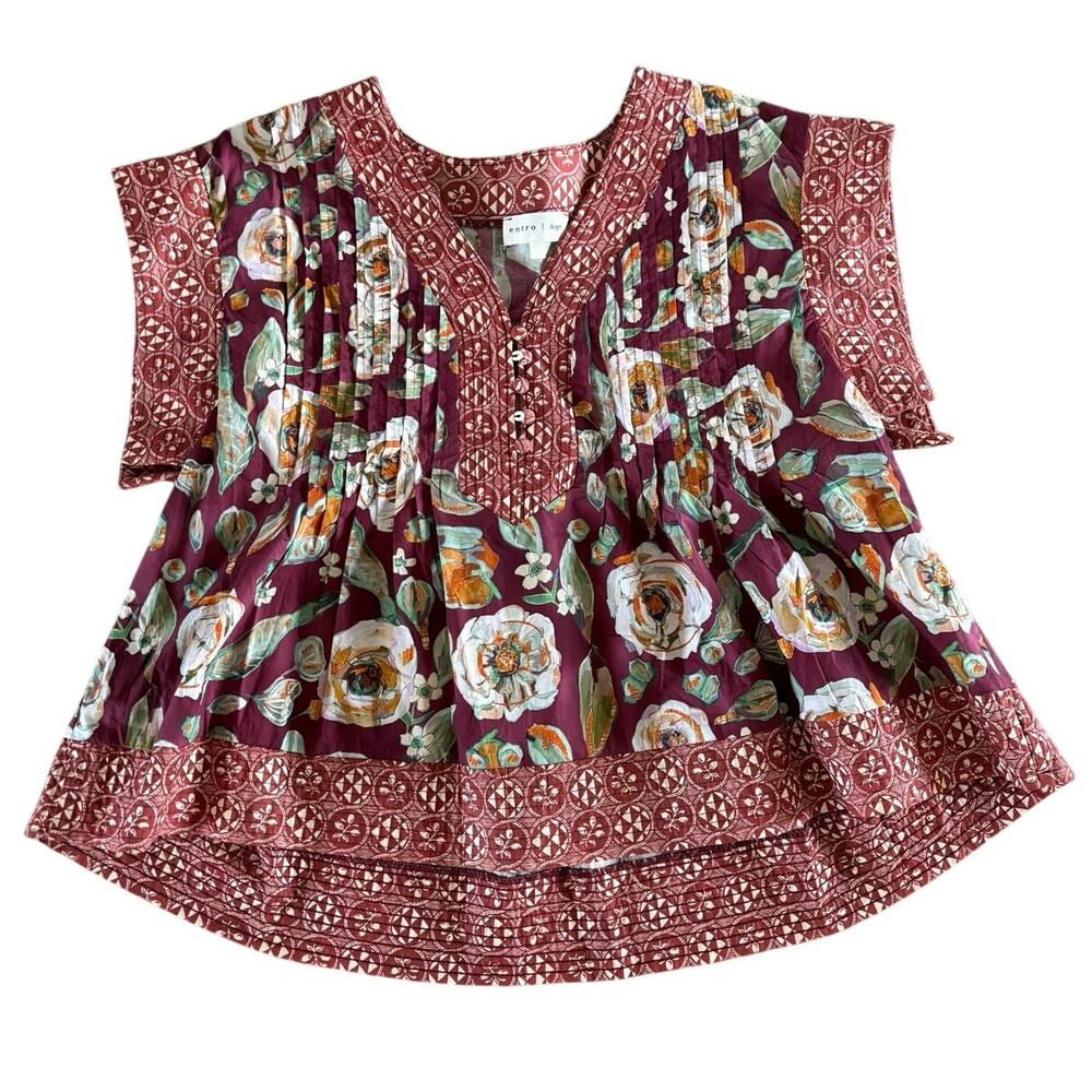 Entro Womens Large Floral Patchwork Blouse Burgundy Boho Peasant Tunic Top